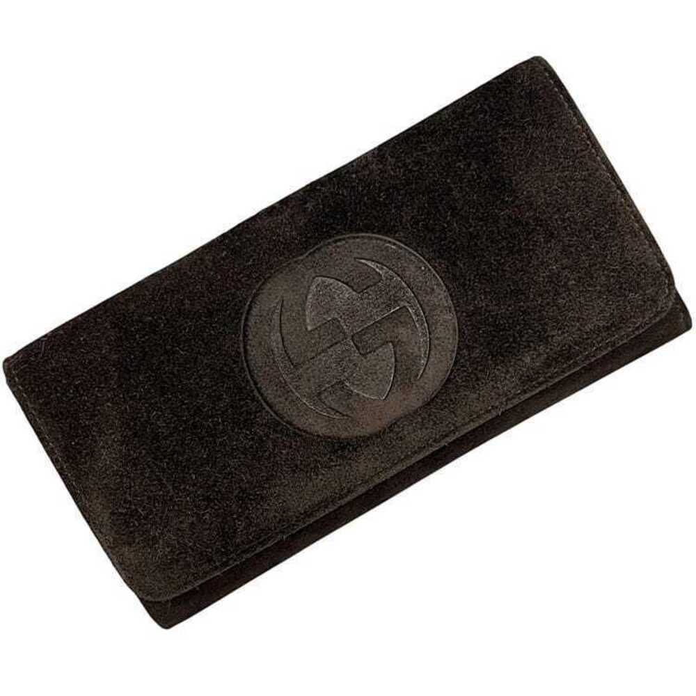 Gucci Bifold Long Wallet Interlocking Suede Leather GG Snap Coin Purse Brown